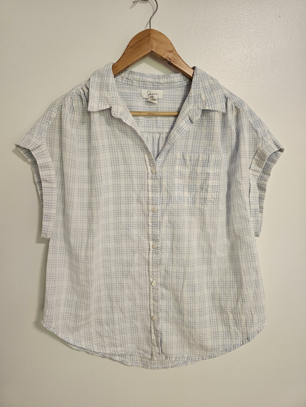 Japna Light Blue and White Plaid Short-Sleeve Button-Up Blouse Cotton Blend XL